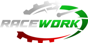 Logo with the word RACEWORK, where RACE is in silver and WORK is in green. Gear shapes in silver, green, and red form an arc around the top and bottom of the text.